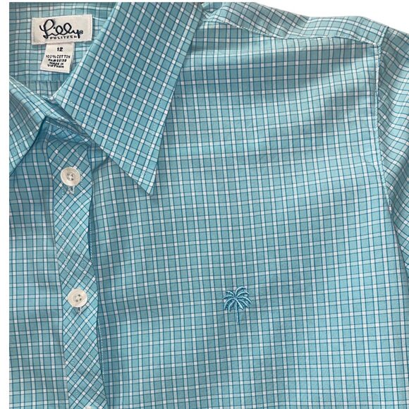 Vintage Lilly Pulitzer Women's LS Button-Up Shirt Size 12 Turquoise Plaid - Picture 5 of 6